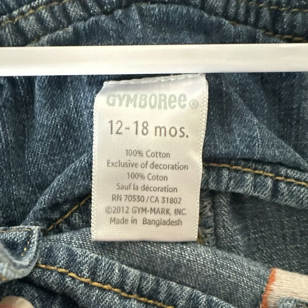 Gymboree 12-18 Months Denim Overalls Blue Elephant Embroidered Pockets